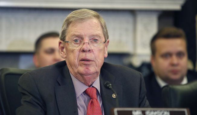 In this Sept. 26, 2018, photo, Sen. Johnny Isakson, R-Ga., speaks during a hearing of the Senate Committee on Veterans&#x27; Affairs, on Capitol Hill in Washington. (AP Photo/Alex Brandon) ** FILE **