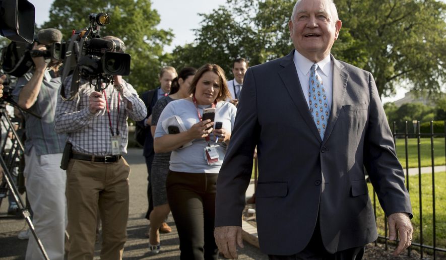 FILE - In this May 23, 2019 file photo, Agriculture Secretary Sonny Perdue laughs with a reporter on the North Lawn of the White House in Washington. U.S. Agriculture Secretary Sonny Perdue will visit Illinois Wednesday, AUG. 28, 2019, amid rising tensions between farmers and President Donald Trump&#39;s administration. (AP Photo/Andrew Harnik File)