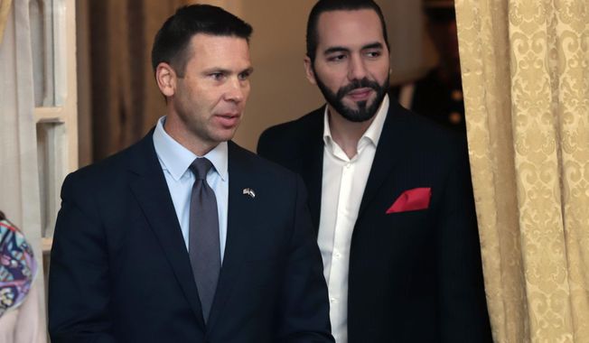 Acting U.S. Homeland Security Secretary Kevin McAleenan, left, and Salvadoran President Nayib Bukele attend a meeting in San Salvador, El Salvador, Wednesday, Aug. 28, 2019. (AP Photo/Salvador Melendez)