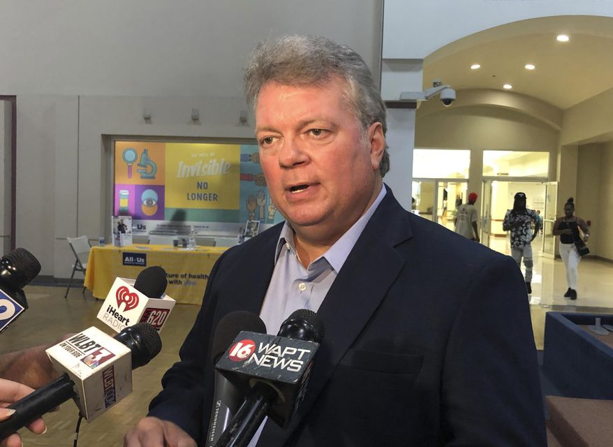 Mississippi Attorney General Jim Hood, the Democratic nominee for governor, speaks Wednesday, Aug. 28, 2019, at the Jackson Medical Mall in Jackson, Miss. Hood said Mississippi should expand Medicaid to low-income workers as a way to bring billions of dollars into the state and help rural hospitals. He faces Republican Lt. Gov. Tate Reeves and two other candidates in the Nov. 5, 2019, election for governor. (AP Photo/Emily Wagster Pettus)