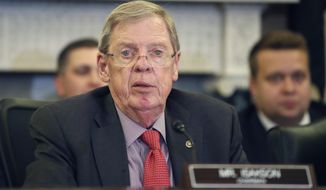 FILE - In this Sept. 26, 2018 file photo, Sen. Johnny Isakson, R-Ga., speaks during a hearing of the Senate Committee on Veterans&#39; Affairs, on Capitol Hill in Washington. (AP Photo/Alex Brandon)