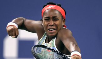 Coco Gauff, of the United States, celebrates after defeating Timea Babos, of Hungary, during the second round of the U.S. Open tennis tournament in New York, Thursday, Aug. 29, 2019. (AP Photo/Charles Krupa)