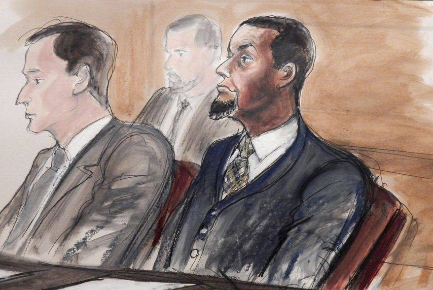 FILE - In this Feb. 24, 2016, courtroom file sketch, Tairod Nathan Webster Pugh, right, sits at the defense table with his attorney Zachary S. Taylor, during jury selection in a federal court in the Brooklyn borough of New York. Pugh, a U.S. Air Force veteran and former airplane mechanic charged with trying to join the Islamic State group, was convicted by the jury Wednesday, March 9, 2016. A federal appeals court has upheld a U.S. Air Force veteran's conviction on terrorism charges for trying to join the Islamic State group and die a martyr. But the 2nd U.S. Circuit Court of Appeals on Thursday, Aug. 29, 2019 said Tairod Pugh should be resentenced so a judge can explain why he gave him the maximum 35-year prison sentence. (Elizabeth Williams via AP, File)