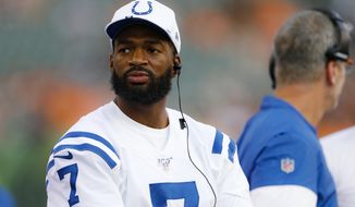 Indianapolis Colts quarterback Jacoby Brissett stands on the sidelines during the first half of the team&#39;s NFL preseason football game against the Cincinnati Bengals, Thursday, Aug. 29, 2019, in Cincinnati. (AP Photo/Gary Landers)