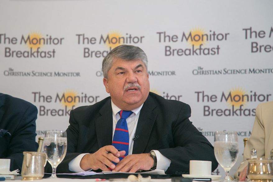 AFL-CIO President Richard Trumka speaks during a breakfast with Washington reporters hosted by the Christian Science Monitor in D.C. on Aug. 29. (Matt Orlando/The Christian Science Monitor) ** FILE **