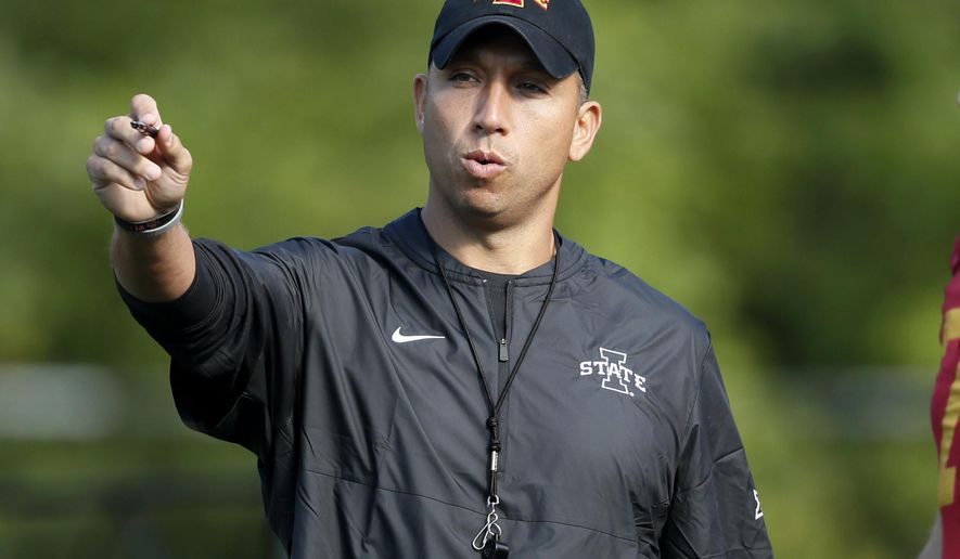 FILE - In this Aug. 2, 2019, file photo, Iowa State coach Matt Campbell gestures during an NCAA college football practice, in Ames, Iowa. The Cyclones were ranked in the preseason poll for the first time in 41 years behind a punishing defense, a young quarterback who seems destined for stardom and a coach who always seems to push the right buttons. And yet, the enthusiasm of Iowa State’s supporters might give way to a tiny bit of pause when they see Northern Iowa _ the Cyclones’ longtime FCS nemesis _ scheduled for Saturday’s opener. (AP Photo/Charlie Neibergall, File)