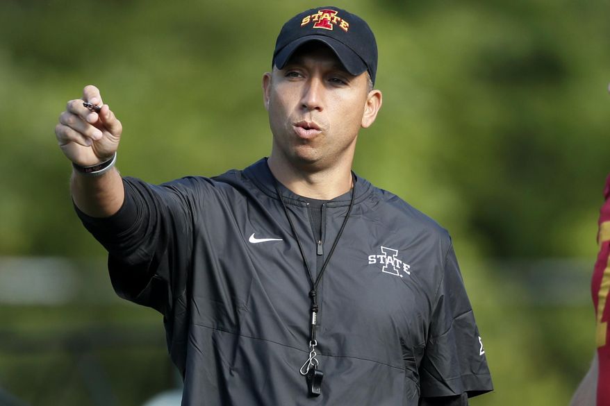 FILE - In this Aug. 2, 2019, file photo, Iowa State coach Matt Campbell gestures during an NCAA college football practice, in Ames, Iowa. The Cyclones were ranked in the preseason poll for the first time in 41 years behind a punishing defense, a young quarterback who seems destined for stardom and a coach who always seems to push the right buttons. And yet, the enthusiasm of Iowa State’s supporters might give way to a tiny bit of pause when they see Northern Iowa _ the Cyclones’ longtime FCS nemesis _ scheduled for Saturday’s opener. (AP Photo/Charlie Neibergall, File)