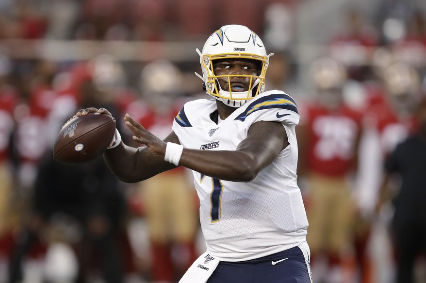 Los Angeles Chargers quarterback Cardale Jones (7) looks for a receiver during the first half of the team's NFL football preseason game against the San Francisco 49ers in Santa Clara, Calif., Thursday, Aug. 29, 2019. (AP Photo/Ben Margot) ** FILE **