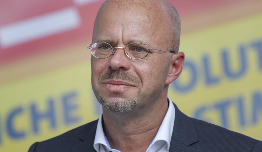 File-Picture taken Aug.4, 2019 shows Andreas Kalbitz, chairman of the AfD in Brandenburg, in Cottbus, Germany. (Patrick Pleul/dpa via AP)