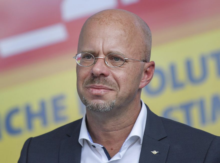 File-Picture taken Aug.4, 2019 shows Andreas Kalbitz, chairman of the AfD in Brandenburg, in Cottbus, Germany. (Patrick Pleul/dpa via AP)