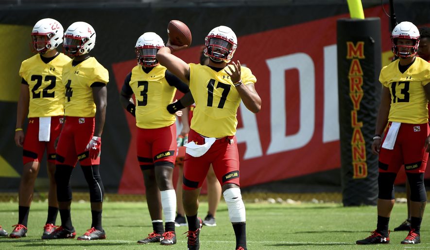 FILE - In this Aug. 2, 2019, file photo, Maryland quarterback Josh Jackson (17) works out during an NCAA college football training camp in College Park, Md. Following a miserable 2018 season, the Terrapins start anew Saturday with a home game against neighboring Howard. (AP Photo/Will Newton, File)