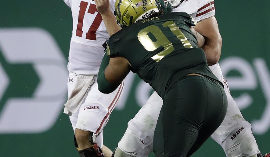 Wisconsin quarterback Jack Coan (17) throws a pass against South Florida during the second half of an NCAA college football game Friday, Aug. 30, 2019, in Tampa, Fla. (AP Photo/Chris O'Meara)