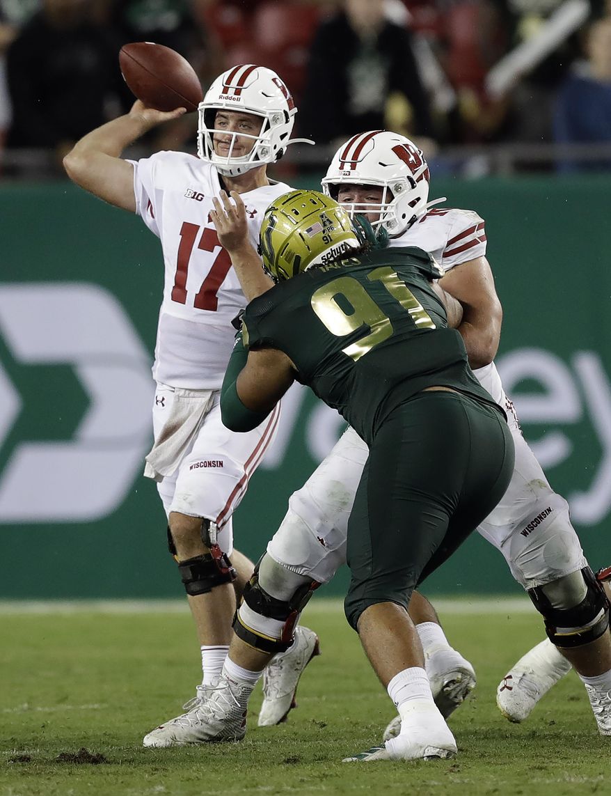 Wisconsin quarterback Jack Coan (17) throws a pass against South Florida during the second half of an NCAA college football game Friday, Aug. 30, 2019, in Tampa, Fla. (AP Photo/Chris O'Meara)