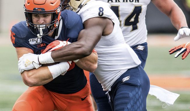 Illinois's Mike Epstein (26) runs the ball during the first half of an NCAA college football game against Akron, Saturday, Aug. 31, 2019, in Champaign, Ill. (AP Photo/Holly Hart)