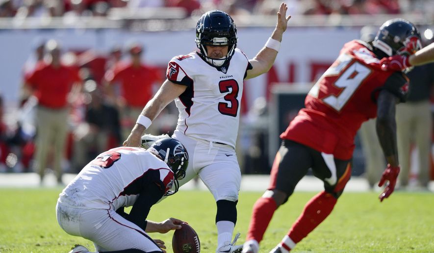 FILE - In this Dec. 30, 2018, file photo, Atlanta Falcons' Matt Bryant (3) kicks a field goal against the Tampa Bay Buccaneers during the first half of an NFL football game in Tampa, Fla. The Falcons are bringing back veteran kicker Matt Bryant after failing to find his successor during the preseason. The team has agreed to terms with the 44-year-old Bryant, who made 20 of 21 field-goal attempts in 2018. (AP Photo/Jason Behnken, file)