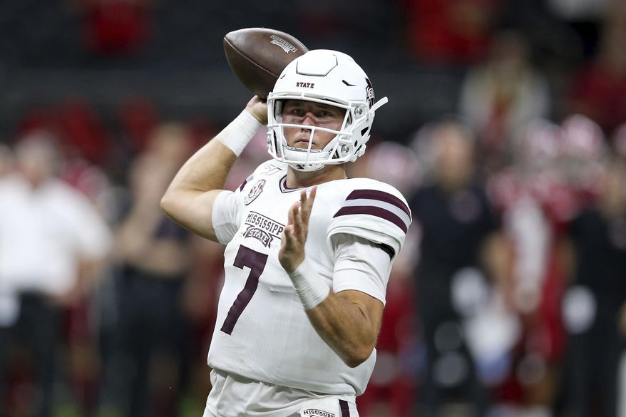 Mississippi State quarterback Tommy Stevens (7) throws in the second quarter of an NCAA college football game against Louisiana-Lafayette in New Orleans, Saturday, Aug. 31, 2019. (AP Photo/Chuck Cook)