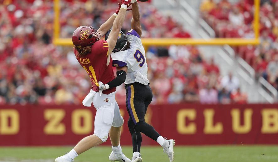 Northern Iowa defensive back Xavior Williams, right, blocks a pass intended for Iowa State tight end Chase Allen during the first half of an NCAA college football game, Saturday, Aug. 31, 2019, in Ames. (AP Photo/Matthew Putney)
