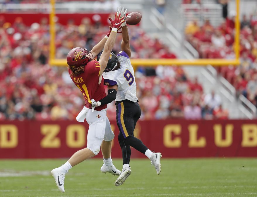 Northern Iowa defensive back Xavior Williams, right, blocks a pass intended for Iowa State tight end Chase Allen during the first half of an NCAA college football game, Saturday, Aug. 31, 2019, in Ames. (AP Photo/Matthew Putney)