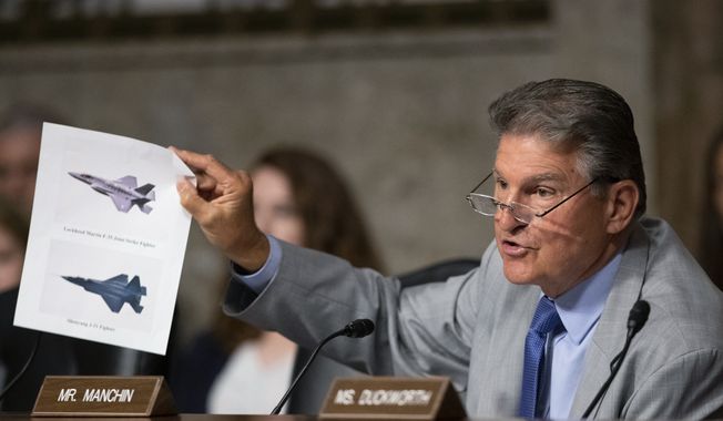 In this July 16, 2019, file photo, Senate Armed Services Committee member Sen. Joe Manchin, D-W.Va., shows an illustration of a Lockheed Martin F-35 Joint Strike Fighter jet, top, and China&#x27;s Shenyang J-31 Stealth Fighter jet, bottom, as he questions Secretary of the Army and Secretary of Defense nominee Mark Esper on Capitol Hill in Washington. (AP Photo/Manuel Balce Ceneta, File)