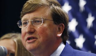 Lt. Gov. Tate Reeves speaks to supporters after being declared winner of the runoff election for the Republican nomination for governor in Jackson, Miss., Tuesday evening, Aug. 27, 2019. Reeves beat former Mississippi Supreme Court Chief Justice Bill Waller Jr., in the runoff. (AP Photo/Rogelio V. Solis)