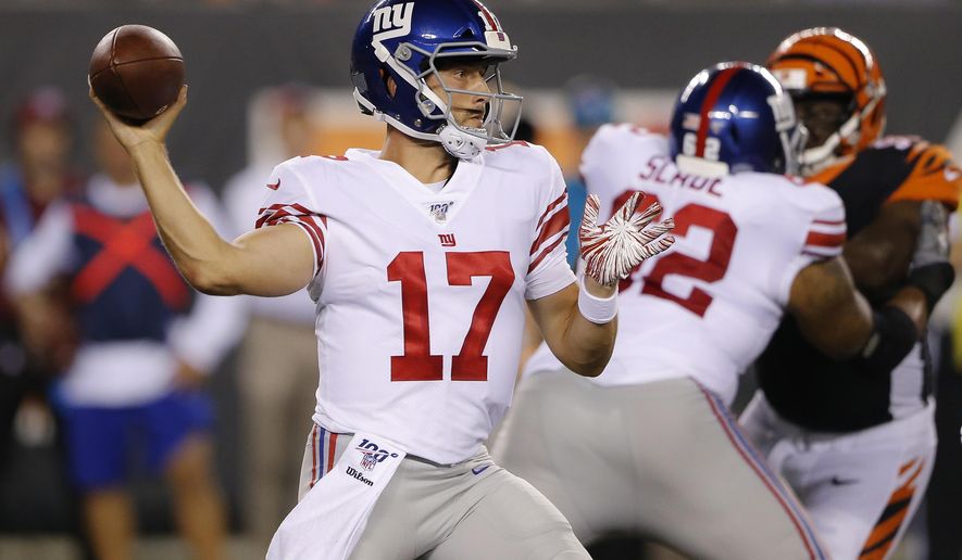 New York Giants quarterback Kyle Lauletta throws a pass during the second half of the team's NFL preseason football game against the Cincinnati Bengals, Thursday, Aug. 22, 2019, in Cincinnati. (AP Photo/Gary Landers)