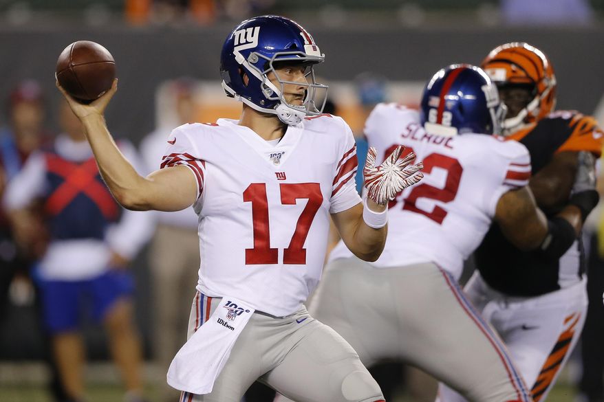 New York Giants quarterback Kyle Lauletta throws a pass during the second half of the team's NFL preseason football game against the Cincinnati Bengals, Thursday, Aug. 22, 2019, in Cincinnati. (AP Photo/Gary Landers)