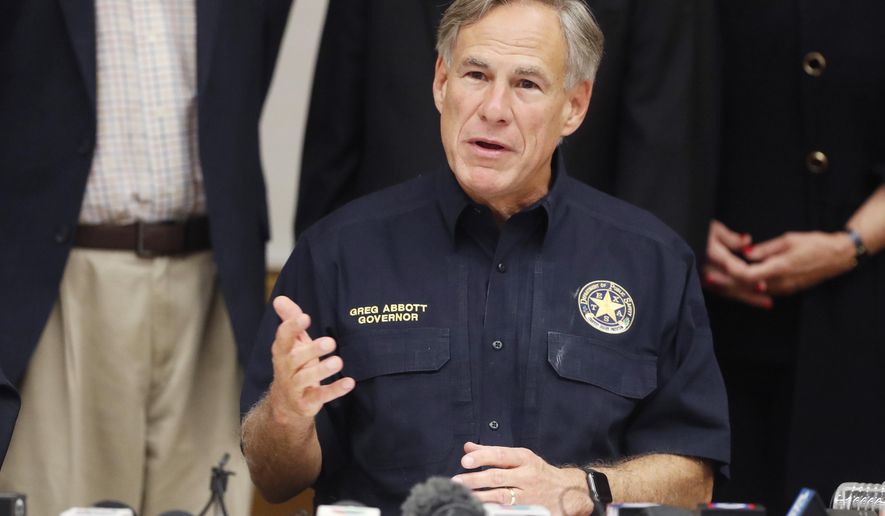 Texas Gov. Greg Abbott talks a mass shooting in Odessa during a news conference Sunday, Sept. 1, 2019, in Odessa, Texas. (Mark Rogers/Odessa American via AP)