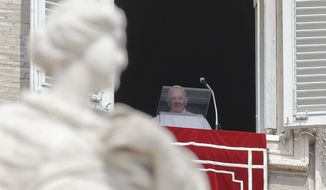 Pope Francis arrives to recites the Angelus noon prayer from the window of his studio overlooking St.Peter&#39;s Square, at the Vatican, Sunday, Sept. 1, 2019. Pope Francis says he was stuck for 25 minutes in a Vatican elevator and had to be rescued by firefighters. Francis apologized to faithful in St. Peter&#39;s Square Sunday for showing up seven minutes late for his traditional noon appointment with the public. (AP Photo/Alessandra Tarantino)