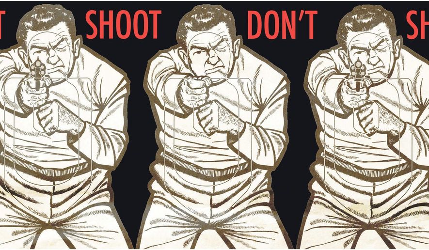 Illustration on California’s AB392 law by Alexander Hunter/The Washington Times