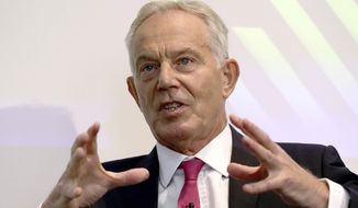 In this file photo, former British prime minister Tony Blair gives a speech on Brexit at the Institute for Government in central London, Monday Sept. 2, 2019. (Aaron Chown/Pool via AP)
