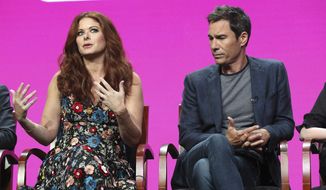 Debra Messing, left, and Eric McCormack participate in the &quot;Will &amp; Grace&quot; panel during the NBC Television Critics Association Summer Press Tour at the Beverly Hilton on Thursday, Aug. 3, 2017, in Beverly Hills, Calif. (Photo by Willy Sanjuan/Invision/AP)