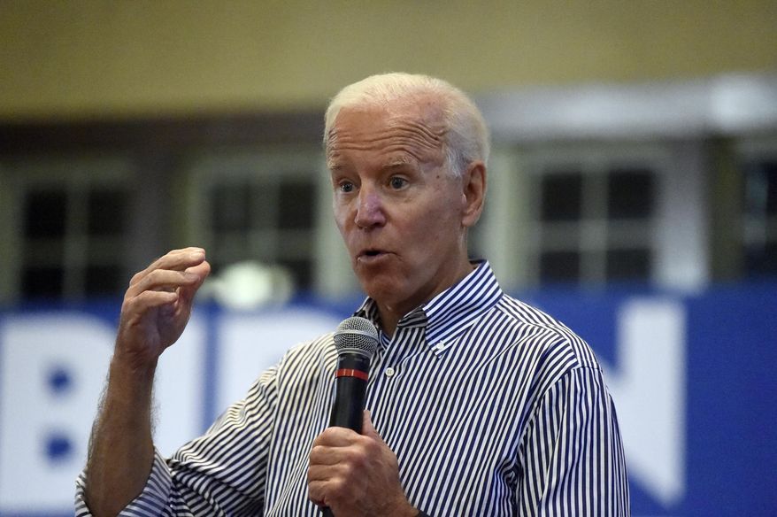 Former Vice President Joe Biden speaks, Wednesday, Aug. 28, 2019, at a town hall for his Democratic presidential campaign in Spartanburg, S.C. (AP Photo/Meg Kinnard)