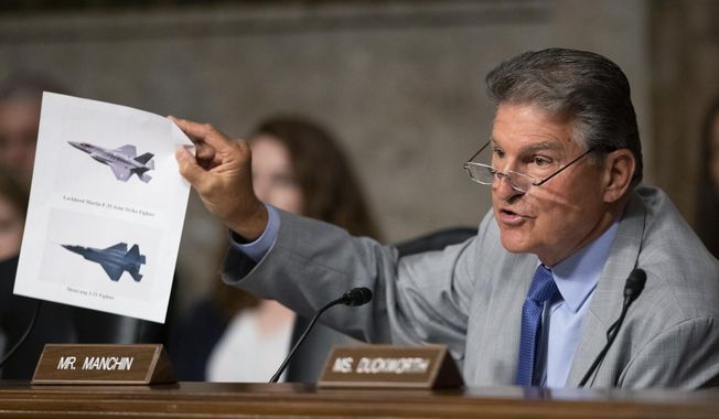 FILE - In this July 16, 2019, file photo, Senate Armed Services Committee member Sen. Joe Manchin, D-W.Va., shows an illustration of a Lockheed Martin F-35 Joint Strike Fighter jet, top, and China&#x27;s Shenyang J-31 Stealth Fighter jet, bottom, as he questions Secretary of the Army and Secretary of Defense nominee Mark Esper on Capitol Hill in Washington.  (AP Photo/Manuel Balce Ceneta, File)