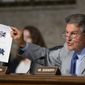 FILE - In this July 16, 2019, file photo, Senate Armed Services Committee member Sen. Joe Manchin, D-W.Va., shows an illustration of a Lockheed Martin F-35 Joint Strike Fighter jet, top, and China&#39;s Shenyang J-31 Stealth Fighter jet, bottom, as he questions Secretary of the Army and Secretary of Defense nominee Mark Esper on Capitol Hill in Washington.  (AP Photo/Manuel Balce Ceneta, File)
