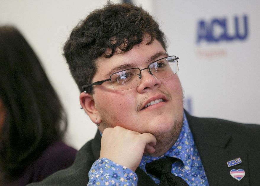 FILE - In this July 23, 2019, file photo, Gavin Grimm, who has become a national face for transgender students, speaks during a news conference held by The ACLU and the ACLU of Virginia at Slover Library in Norfolk, Va. A Virginia school board has filed a federal appeal to defend its transgender bathroom ban. The Gloucester County School Board's appeal appeared Tuesday, Sept. 3, 2019, on the docket for the 4th U.S. Circuit Court of Appeals in Richmond. Briefs containing legal arguments will come next. The board has been in a yearslong legal fight over the policy with former student Gavin Grimm, a transgender male. (Kristen Zeis/The Daily Press via AP, File)