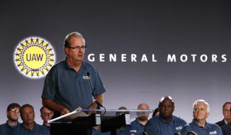 In this July 16, 2019, file photo United Auto Workers President Gary Jones speaks during the opening of their contract talks with General Motors in Detroit. (AP Photo/Paul Sancya, File)