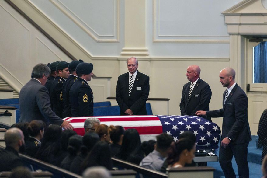 Funeral services for U.S. Army Green Beret Master Sgt. Luis DeLeon-Figueroa, who was killed in action in Afghanistan on Aug. 21, are held at Bethany Assembly of God Church in Agawam, Mass. Tuesday, Sept. 3, 2019. (Hoang 'Leon' Nguyen / The Republican via AP)