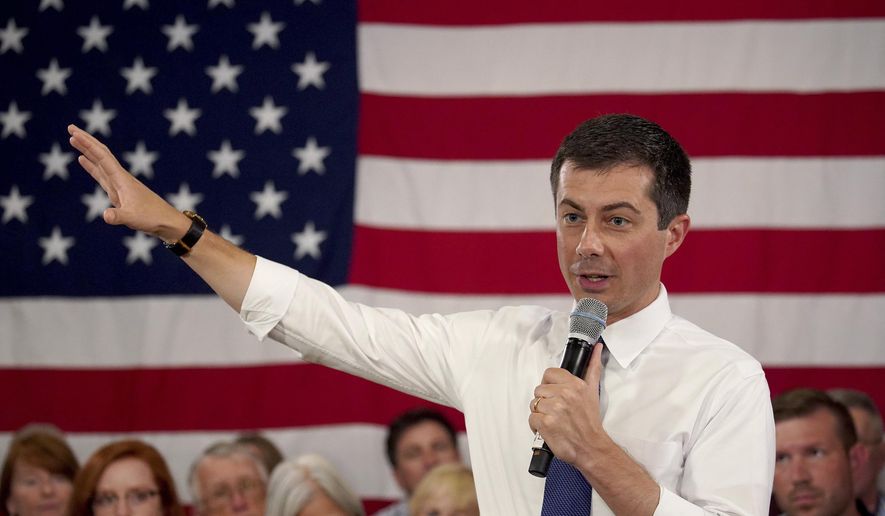Democratic presidential candidate South Bend Mayor Pete Buttigieg speaks during a Veteran&#39;s and Mental Health Town Hall event at an American Legion Hall, Friday, Aug. 23, 2019, in Manchester, N.H. (AP Photo/Mary Schwalm)