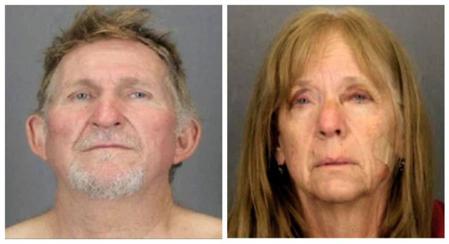 FILE - These undated file booking photos provided by the Tucson Police Department show 56-year-old Blake Barksdale, left, and his 59-year-old wife Susan Barksdale. Authorities believe that the fugitive couple wanted in a killing in Arizona is getting help staying missing. U.S. Marshal for Arizona David Gonzales said Tuesday, Sept. 3, 2019 that deputy marshals are looking at several persons of interest in the search for the couple. U.S. Marshals, the FBI and other agencies have been sifting through hundreds of tips since the pair overtook a prison transport van Aug. 26 outside of St. Johns, Ariz. (Tucson Police Department via AP, File)