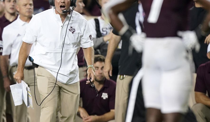 Texas A&M coach Jimbo Fisher yells to his team during the second half of an NCAA college football game against Texas State, Thursday, Aug. 29, 2019, in College Station, Texas. (AP Photo/Sam Craft)