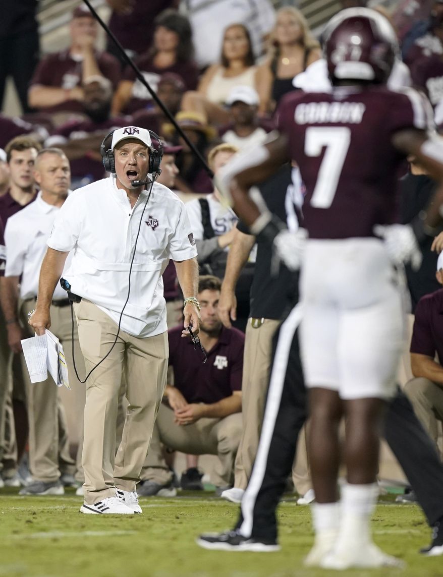 Texas A&M coach Jimbo Fisher yells to his team during the second half of an NCAA college football game against Texas State, Thursday, Aug. 29, 2019, in College Station, Texas. (AP Photo/Sam Craft)