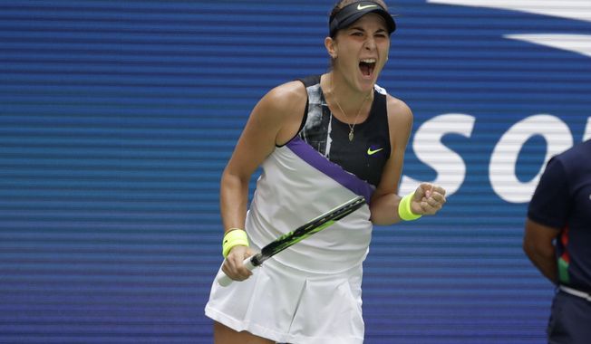 Belinda Bencic, of Switzerland, pumps her fist after winning a point against Donna Vekic, of Croatia, during the quarterfinals of the U.S. Open tennis championships Wednesday, Sept. 4, 2019, in New York. (AP Photo/Frank Franklin II)