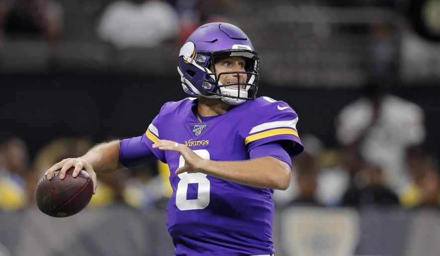 FILE - In this Aug. 9, 2019, file photo, Minnesota Vikings quarterback Kirk Cousins (8) drops back to pass in the first half of an NFL preseason football game against the New Orleans Saints, in New Orleans. Cousins has spoken several times this offseason about how much better he needs to perform in order to change the perception that he can&#x27;t win a big game. Atlanta plays at Minnesota on Sunday, Sept. 8.  (AP Photo/Bill Feig, File)