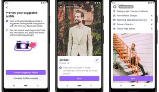 This undated product image provide by Facebook shows screenshots of Facebook Dating, a mobile-only matchmaking service. On Thursday, Sept. 5, 2019, the service will launch in the U.S. (Facebook via AP)