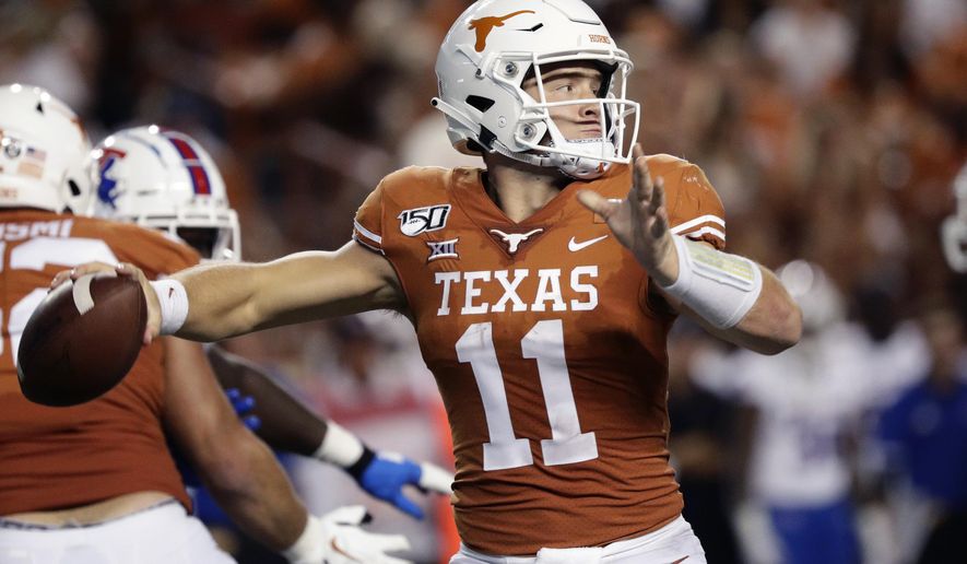 Texas quarterback Sam Ehlinger (11) throws against Louisiana Tech during the second half of an NCAA college football game, Saturday, Aug. 31, 2019, in Austin, Texas. (AP Photo/Eric Gay)