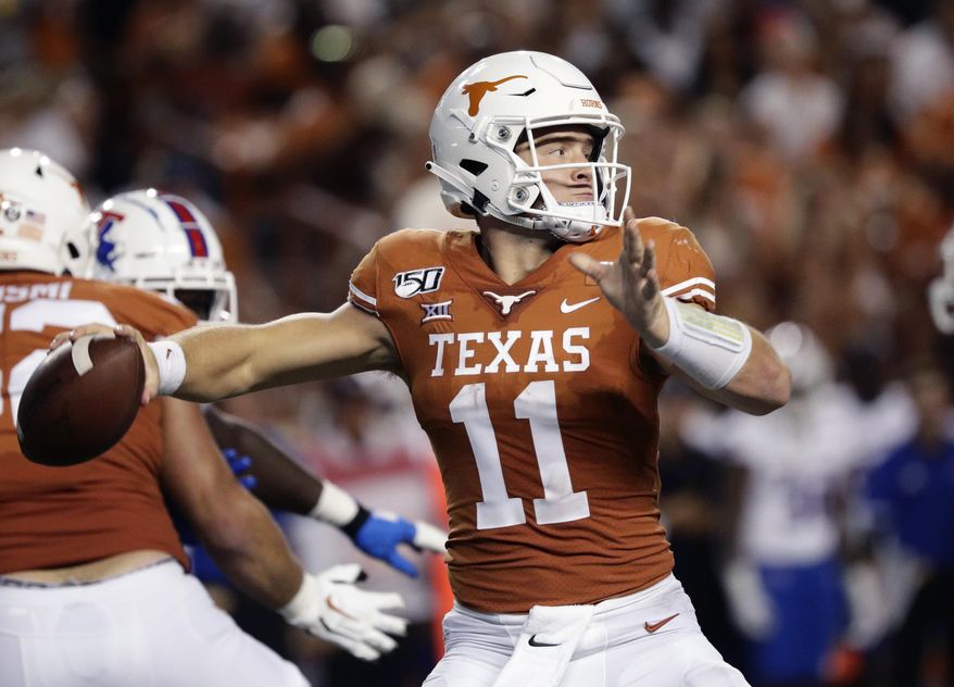 Texas quarterback Sam Ehlinger (11) throws against Louisiana Tech during the second half of an NCAA college football game, Saturday, Aug. 31, 2019, in Austin, Texas. (AP Photo/Eric Gay)