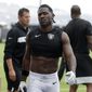FILE - In this Aug. 20, 2019, file photo, Oakland Raiders&#39; Antonio Brown walks off the field after NFL football practice in Alameda, Calif. Star receiver Antonio Brown is not with the Oakland Raiders four days before the season opener amid reports he could be suspended over a confrontation with general manager Mike Mayock.Mayock issued a brief statement at the beginning of practice Thursday, Sept. 5, 2019, saying that Brown wasn&#39;t at the Raiders facility and won&#39;t be practicing a day after Brown posted a letter from the GM on social media detailing nearly $54,000 in fines. (AP Photo/Jeff Chiu, File)