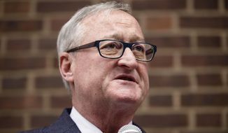 Philadelphia Mayor Jim Kenney speaks during a demonstration in support of a proposed supervised injection site, outside the federal courthouse in Philadelphia, Thursday, Sept. 5, 2019.  U.S. Attorney William McSwain believes the plan to open a supervised injection site violates the federal Controlled Substances Act and wants a federal judge to declare it illegal before it opens.  (AP Photo/Matt Rourke)