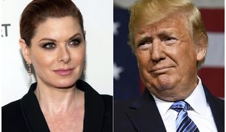 This combination photo shows actress Debra Messing during the 2019 Tribeca Film Festival in New York on May 2, 2019, left, and President Donald Trump during a visit to Shell&#x27;s soon-to-be completed Pennsylvania Petrochemicals Complex in Monaca, Pa., on Aug. 13, 2019.  Trump is calling Messing, the liberal activist and “Will &amp;amp; Grace” star, a racist and saying she should be fired from the NBC sitcom. Earlier this week, Messing apologized after tweeting in support of an Alabama church sign which read “a black vote for Trump is mental illness.” (AP Photo)