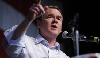 In this Aug. 9, 2019, file photo, Democratic presidential candidate Sen. Michael Bennet, D-Colo., speaks at the Iowa Democratic Wing Ding at the Surf Ballroom, in Clear Lake, Iowa. (AP Photo/John Locher)